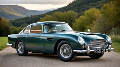 Image d'une Aston Martin DB vue de côté, intégrée harmonieusement dans un décor pittoresque.