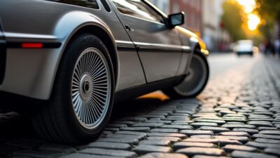Vue des roues d'un DeLorean sur une rue en pavés, soulignant sa silhouette emblématique et son rôle dans l'histoire automobile.