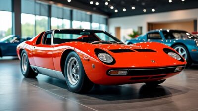 Modèles Lamborghini Miura classiques présentés en showroom avec des caractéristiques distinctes et des couleurs variées.