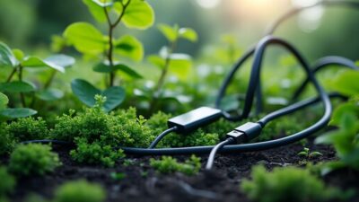 Câbles de chargement en harmonie avec la nature, entourés de verdure.