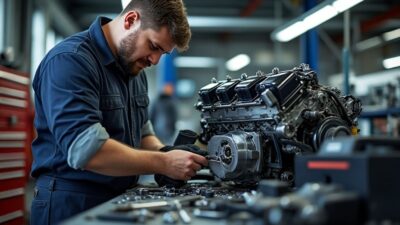 Photo d'un mécanicien en train de réparer un moteur avec des outils organisés sur l'établi.
