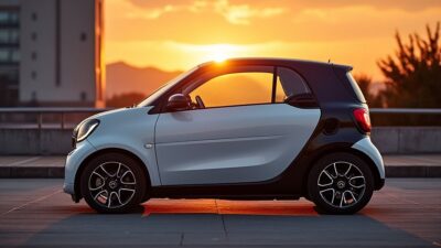 Profil latéral de la Smart # devant un coucher de soleil, montrant sa silhouette stylée dans un cadre urbain