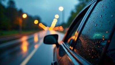 Image montrant une fenêtre de voiture abaissée avec des éclaboussures de gouttes de pluie.