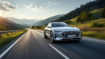 Vue d'une Audi Qetron en mouvement sur une route en Allemagne, dépassant un véhicule diesel