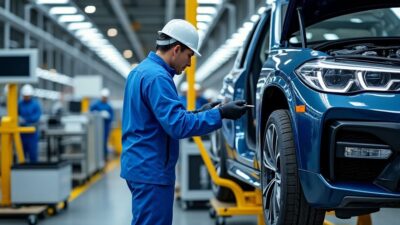 Ligne de production BMW durable où des techniciens travaillent sur des véhicules en matériaux recyclés.