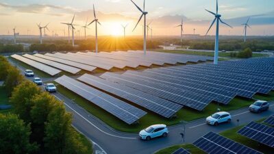 Vue du ciel sur des installations solaires et éoliennes pour l'alimentation de véhicules électriques dans une ville écologique.