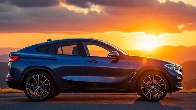 Vue latérale de la BMW iX sous un ciel de crépuscule