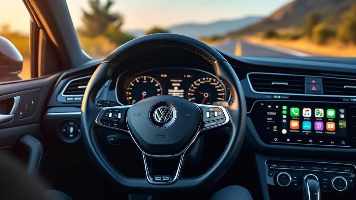 Commandes CarPlay sur volant VW illuminé sur route pittoresque