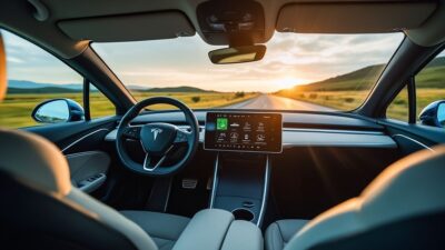 Vue de l'intérieur d'une voiture électrique avec des éléments écologiques en évidence durant une expédition transfrontalière.