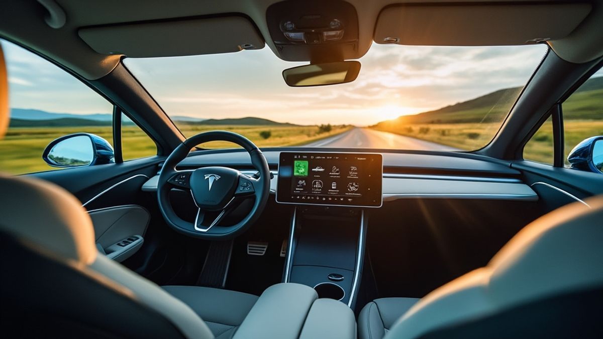 Vue de l'intérieur d'une voiture électrique avec des éléments écologiques en évidence durant une expédition transfrontalière.