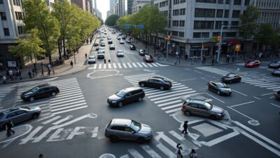 Scénario potentiel d'accident à une intersection fréquentée par piétons et véhicules.