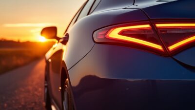 Image de l'Alfa GTV vue de l'arrière avec ses feux distinctifs et un coucher de soleil en arrière-plan