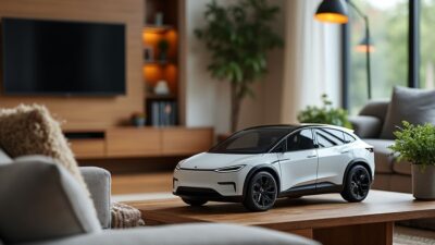 Image d'un salon confortable avec une maquette de voiture électrique sur la table basse.