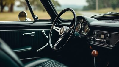 Intérieur d'une voiture avec tableau de bord et volant vintage montrant l'artisanat automobile.