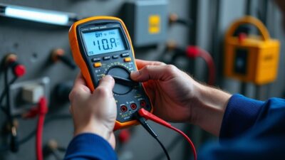 Une main utilisant un multimètre pour vérifier un fusible de ventilation dans un garage lumineux.