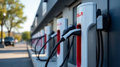 "Station de recharge Tesla symbolisant la croissance des infrastructures de transport électrique."
