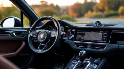Vue intérieure du Macan avec tableau de bord innovant, écrans tactiles et matériaux éco-responsables.