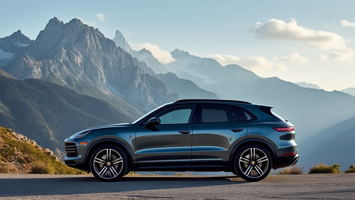 Image de profil latéral de la Porsche Cayenne Turbo Électrique avec un paysage montagneux en arrière-plan