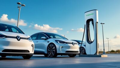 Alignement de véhicules électriques à la station de recharge, infrastructure moderne