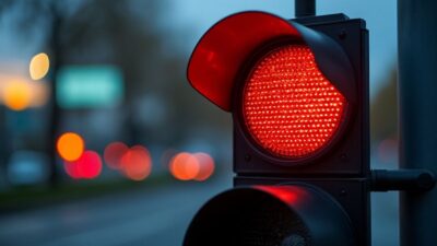 Vue rapprochée d'un feu tricolore en rouge représentant la vigilance routière.