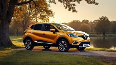 Cadre extérieur paisible avec Renault Captur stationnée, idéal pour les familles.