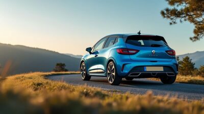 Vue latérale de la Clio contre un arrière-plan pittoresque, soulignant l'élégance et la compacité du véhicule.