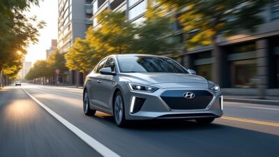 Scène urbaine avec une Hyundai Ioniq en vedette, symbolisant l'innovation et la modernité.