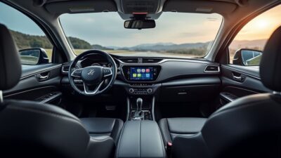 Intérieur du véhicule Geely E avec vue détaillée sur le tableau de bord et disposition des sièges pour un confort optimal.