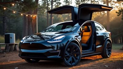 Image d'une Tesla Model Y stationnée à un camping, alimentant des lumières et un réfrigérateur