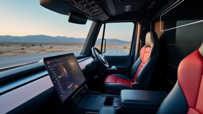 Image de l'intérieur moderne du Tesla Semi avec des commandes high-tech et un agencement spacieux