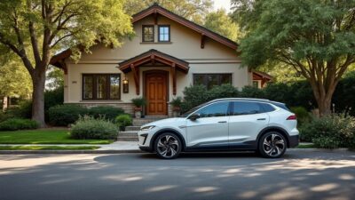Image d'un véhicule électrique d'occasion garé devant une demeure cosy avec un accent sur l'aspect écologique.