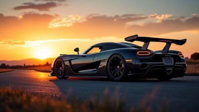 Vue latérale de voiture Koenigsegg CCX sous un coucher de soleil spectaculaire.