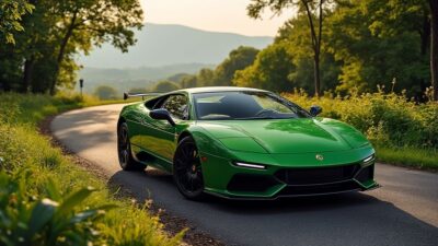 Une Lotus Esprit stationnée sur une route panoramique avec verdure environnante.