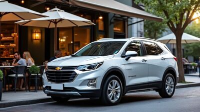 Photo d'un Chevrolet Captiva garé près d'un café, illustrant sa flexibilité pour la ville et les loisirs.