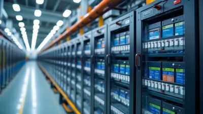 Batteries en cours de test pour le stockage d'énergie dans une installation innovante aux États-Unis.