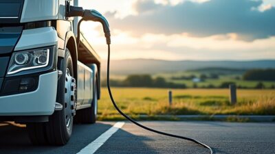 Station de recharge pour camions électriques dans un cadre européen pittoresque, mettant en avant les véhicules écologiques