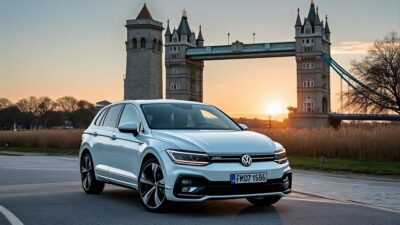 Image extérieure d'une voiture Volkswagen stationnée à côté d'un site historique célèbre
