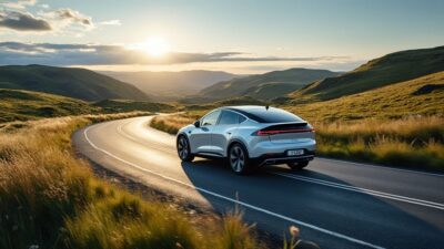 Paysage danois embrassant la nature, voiture électrique sur route sinueuse
