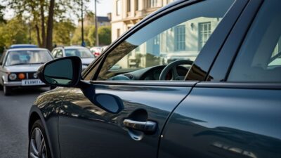 Image d'une voiture stationnée pour un examen de conduite à côté d'un centre d'examen à Paris.