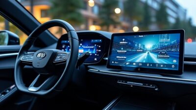 Vue intérieure de la BYD Denza ZGT avec technologie avancée et affichages lumineux.