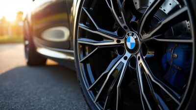 Jantes noires BMW illuminées par le soleil, montrant une finition et un artisanat exceptionnels.