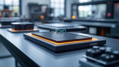 Gros plan d'une technologie avancée de batterie solide sur une table élégante dans un laboratoire.