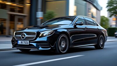 Image de la Mercedes en milieu urbain montrant ses lignes élégantes et son design sophistiqué.