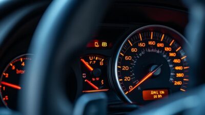 Moteur diesel avec voyants d'alerte sur tableau de bord en route