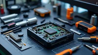 Module informatique Tesla avec outils sur établi pour diagnostics