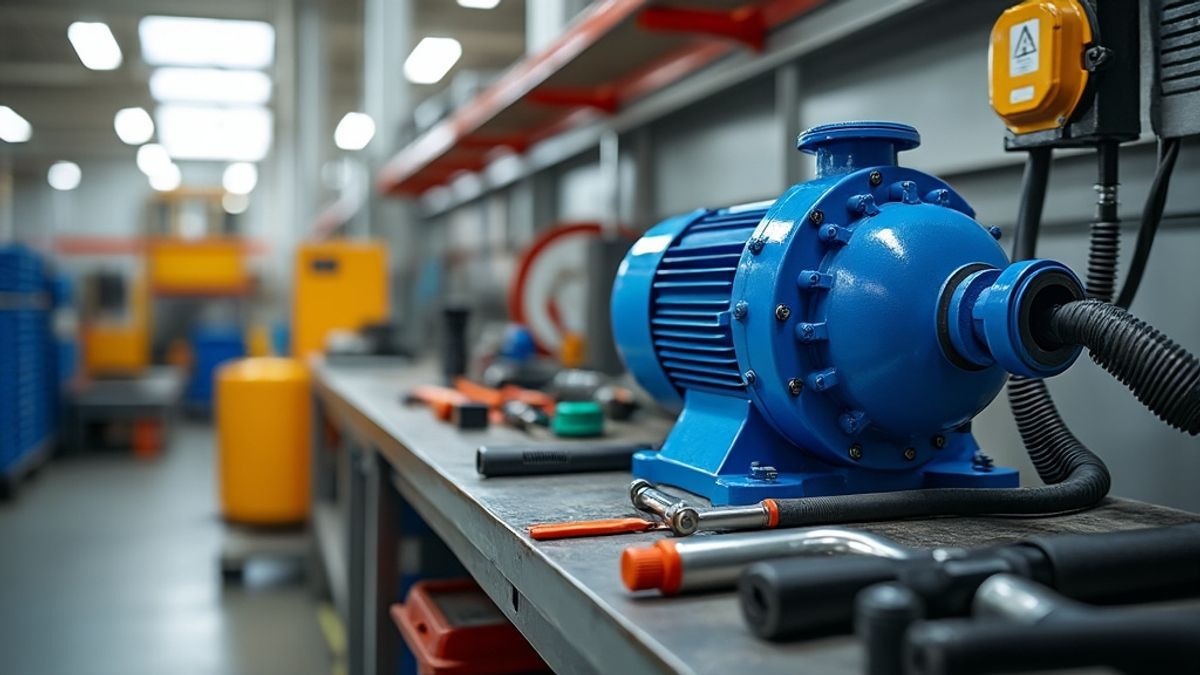 Image d'une pompe à carburant sur un poste de travail industriel avec outils et dispositifs de sécurité environnants.