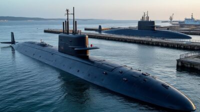 Image d'une flotte de sous-marins avancés à quai en Europe symbolisant l'innovation technologique et la coopération.