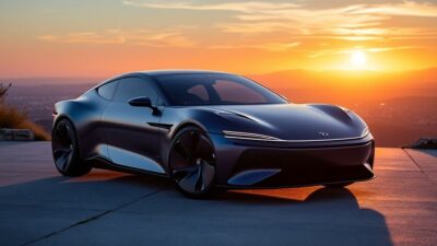 Image d'une Lucid Gravity GTS devant un spectaculaire coucher de soleil californien