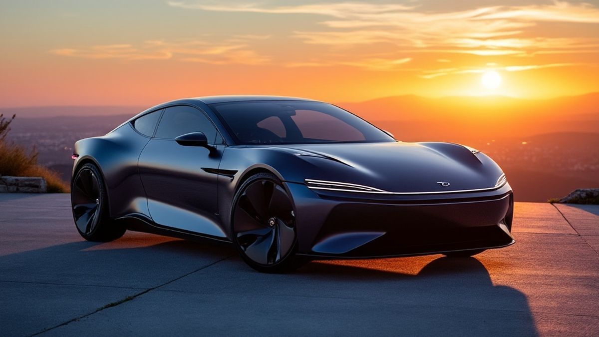 Image d'une Lucid Gravity GTS devant un spectaculaire coucher de soleil californien