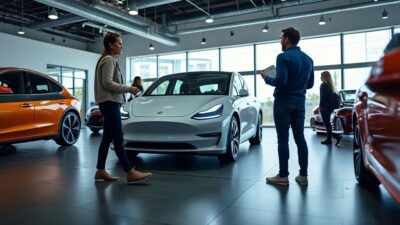 Clients explorant des modèles de voitures électriques dans une salle d'exposition